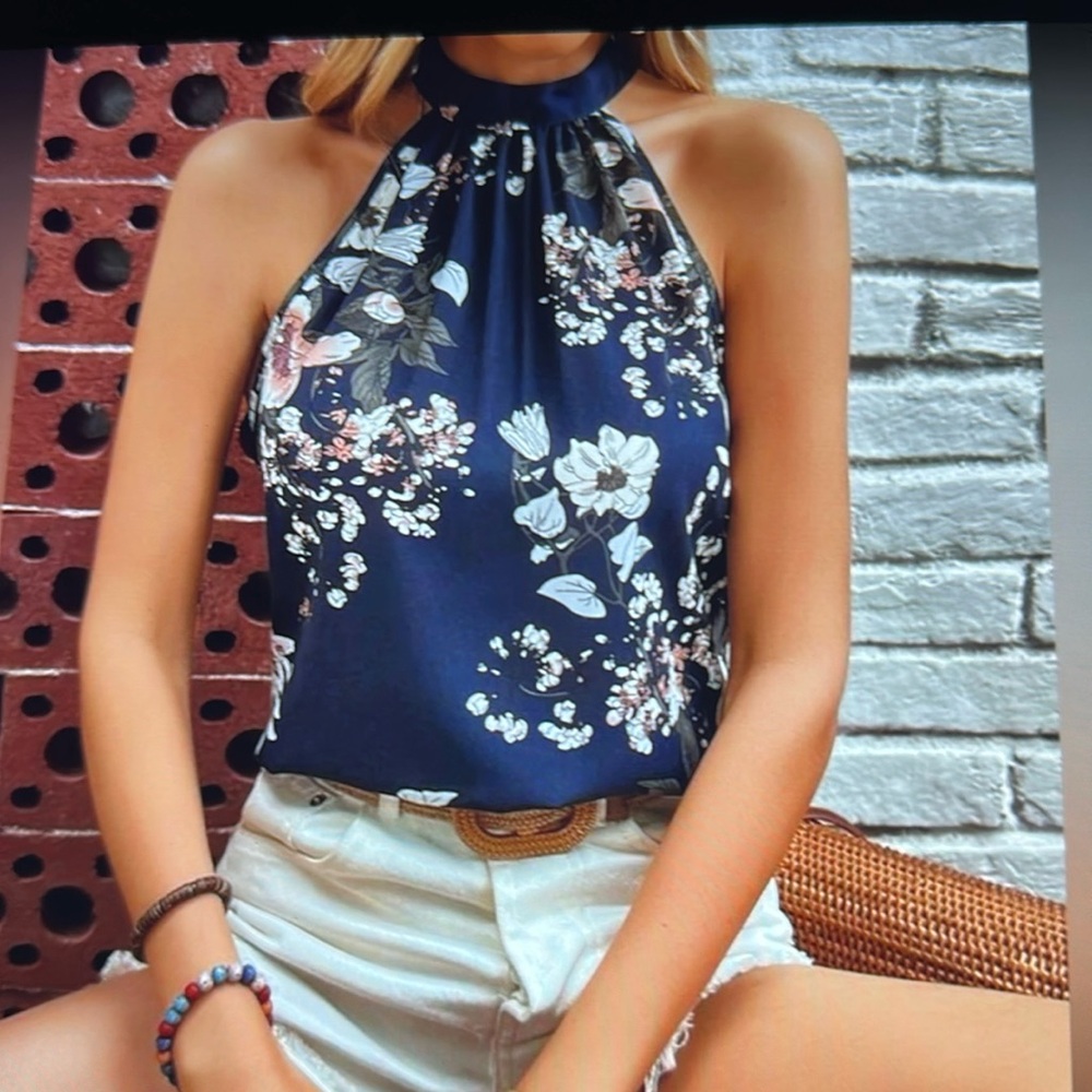 Floral Halter Neck Top - Navy